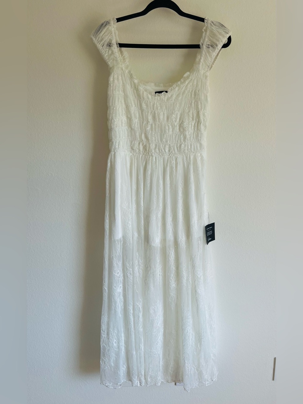 Lulus White Lace Midi Dress with Ruffled Straps